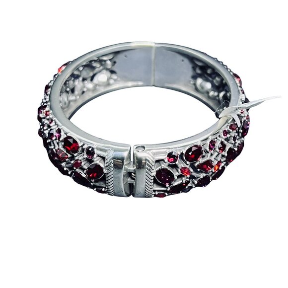 Brighton Silver Tone W/ Ruby Red Glass Rhinestones Hinged Bangle Bracelet (5932) - Picture 6 of 9